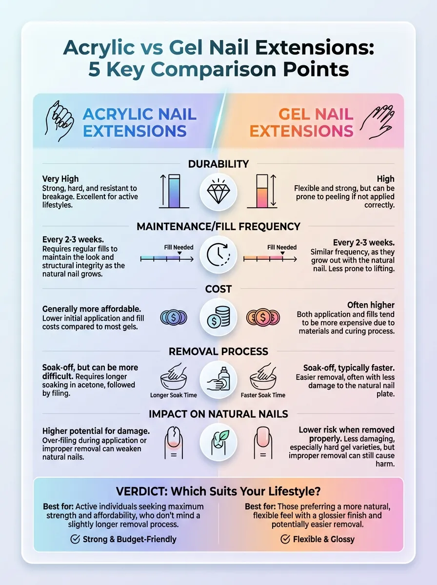 How to Choose Between Acrylic and Gel Nail Extensions: Acrylic vs Gel Nail Extensions, 5 key comparison points.